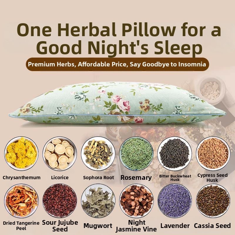 Single Herbal Neck-Support Pillow with Cassia Seed, Buckwheat, Lavender & Mugwort - Calms Mind, Aids Sleep & Promotes Deep Sleep